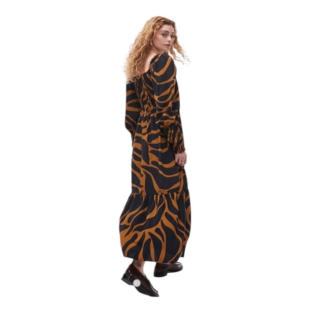 TOPSHOP Shirred Long Sleeve Maxi Dress In Black Brown Multi - Picture 3 of 14